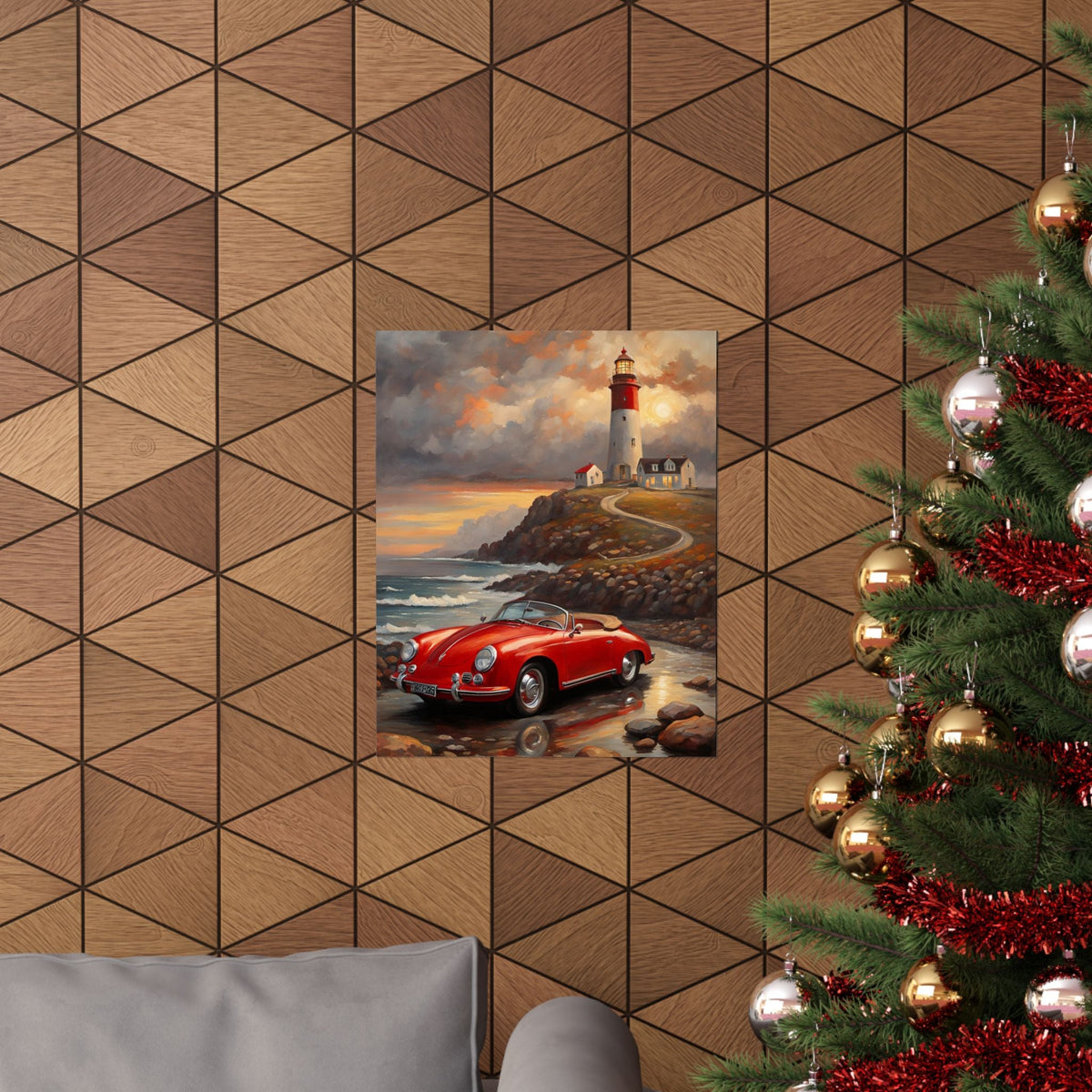 Vintage 1956 Porsche 356 Speedster Poster | Coastal Lighthouse Sunset Wall Art | Impressionist European Classic Sports Car Fine Art Paper Print