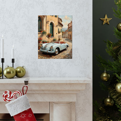 Vintage 1956 Porsche 356 Speedster Poster | Italian Village Street Wall Art | Impressionist European Classic Sports Car Fine Art Paper Print