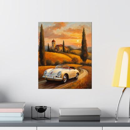 Vintage 1956 Porsche 356 Speedster Poster | Tuscan Countryside Sunset Wall Art | Impressionist European Classic Sports Car Fine Art Paper Print