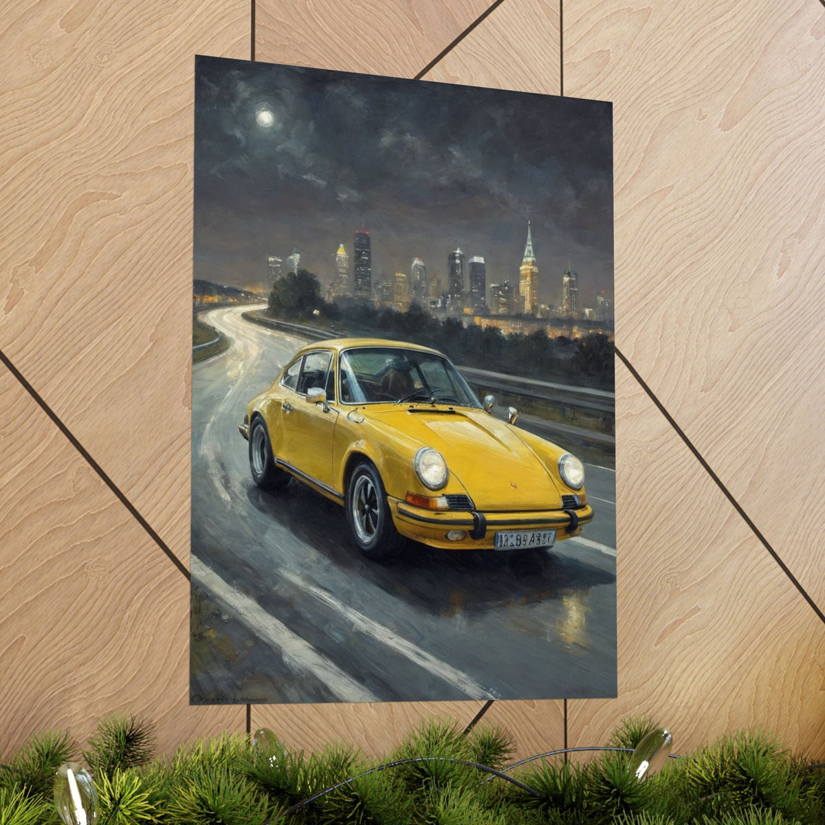 1973 Porsche 911 Wall Art Signal Yellow Night Highway City Skyline Full Moon Poster Classic German Sports Car Oil Painting Fine Art Print for Home Office Decor