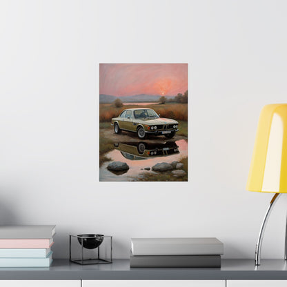 1973 BMW 30 CSL Wall Art Polaris Silver Gold Lake Sunset Water Reflection Poster Classic German Sports Coupe Oil Painting Fine Art Print for Home Office Decor