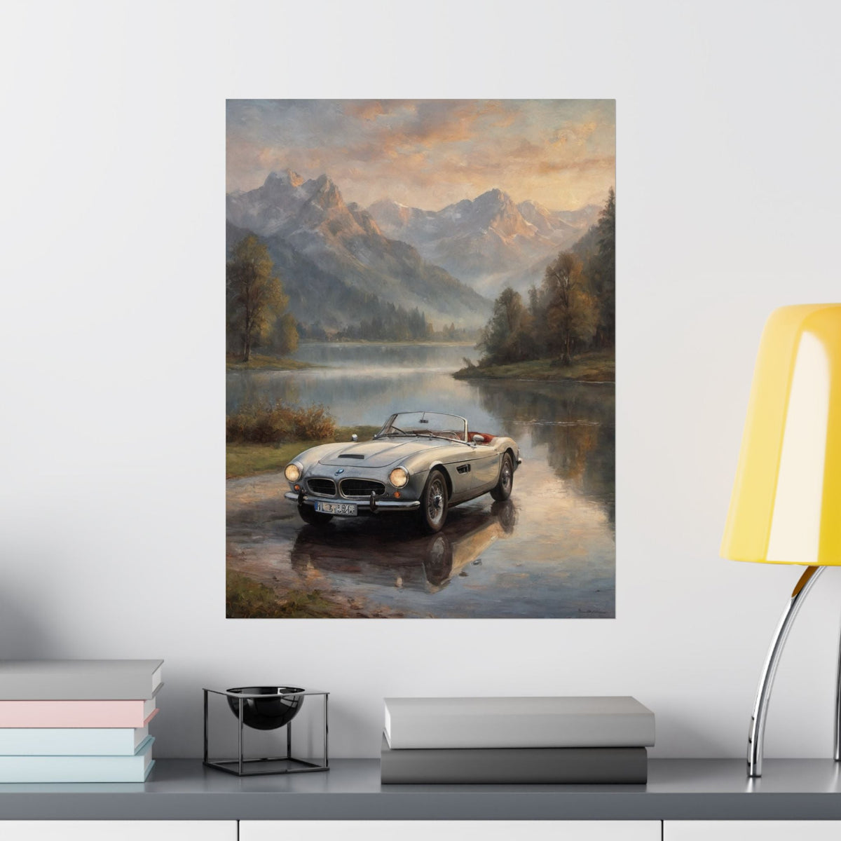 Vintage 1957 BMW 507 Roadster Poster | Alpine Lake Sunset Reflection Wall Art | Impressionist European Classic Sports Car Fine Art Paper Print