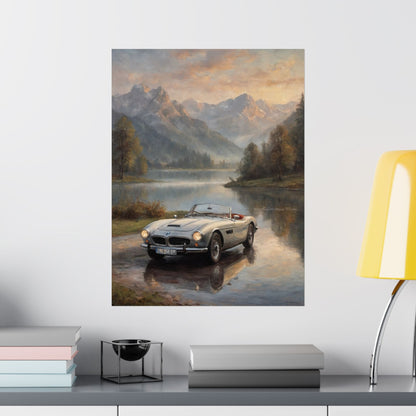 Vintage 1957 BMW 507 Roadster Poster | Alpine Lake Sunset Reflection Wall Art | Impressionist European Classic Sports Car Fine Art Paper Print