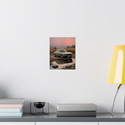 1973 BMW 30 CSL Wall Art Polaris Silver Gold Lake Sunset Water Reflection Poster Classic German Sports Coupe Oil Painting Fine Art Print for Home Office Decor