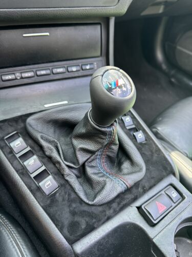 Leather shift boot cover for 1991-2005 BMW E46 E36 M/Stitch made by JTS Custom Upholstery, showcasing the detailed stitching and leather finish.
