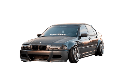 BMW 3-Series E46 sedan full over fender kit with vented front fenders, made of ABS or fiberglass by K2 Industries.