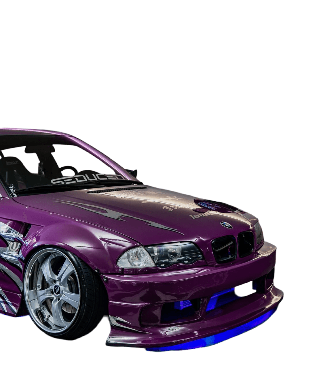 BMW 3-Series E46 sedan full over fender kit with vented front fenders, made of ABS or fiberglass by K2 Industries.