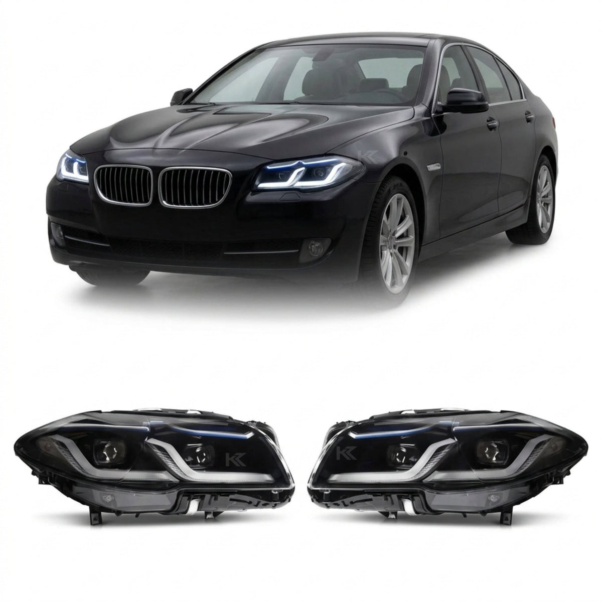 BMW 5-Series F10/F18 headlights with G30 style design by K2 Industries, showing the clear lens and modern headlight assembly.