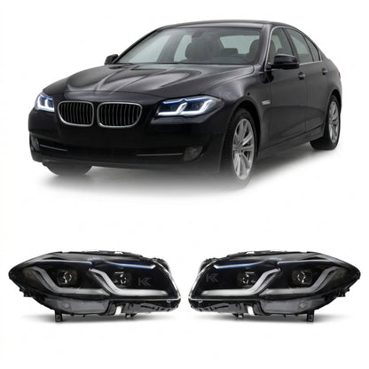 BMW 5-Series F10/F18 headlights with G30 style design by K2 Industries, showing the clear lens and modern headlight assembly.