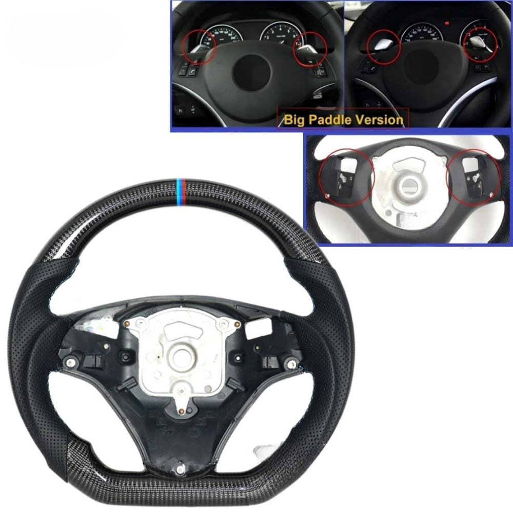 Vekto real carbon fiber steering wheel for BMW E90 E92 E93 M3 328i 335i 135i 2007-2013, showing textured carbon fiber surface