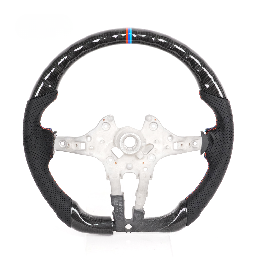Vekto real carbon fiber steering wheel for BMW F-Series, M2, X1, X3, X6 with tri-color or red stripe accents, showcasing sleek design.