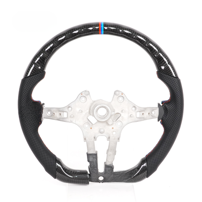Vekto real carbon fiber steering wheel for BMW F-Series, M2, X1, X3, X6 with tri-color or red stripe accents, showcasing sleek design.