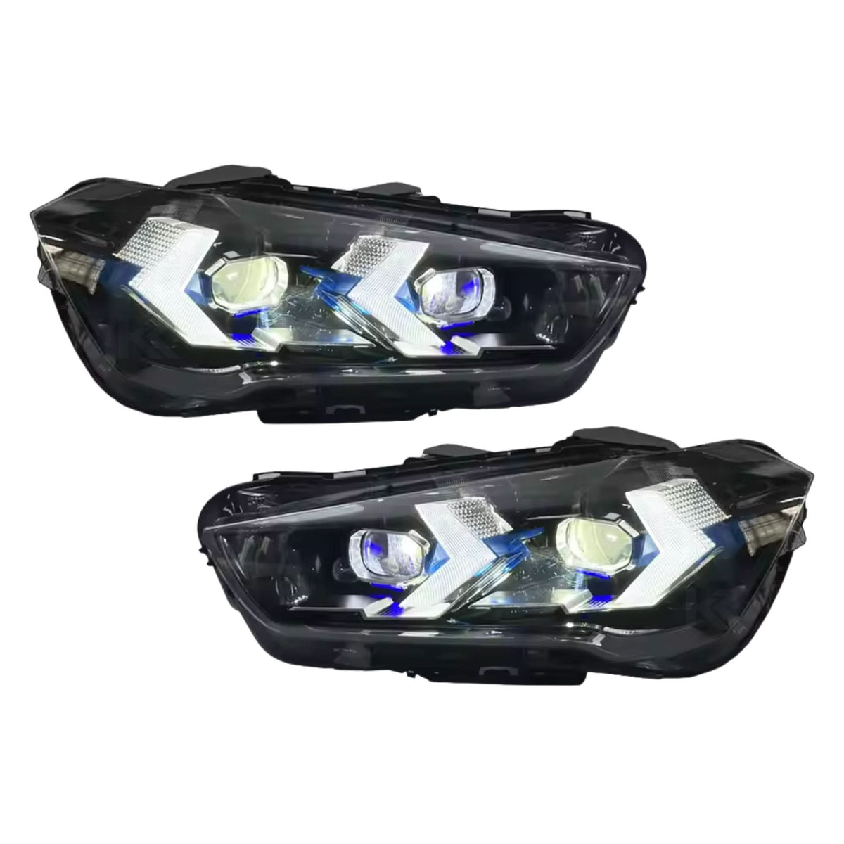 BMW X1 F48 arrow style LED headlights by K2 Industries, showing sleek headlight assembly with LED light strips and clear lenses.