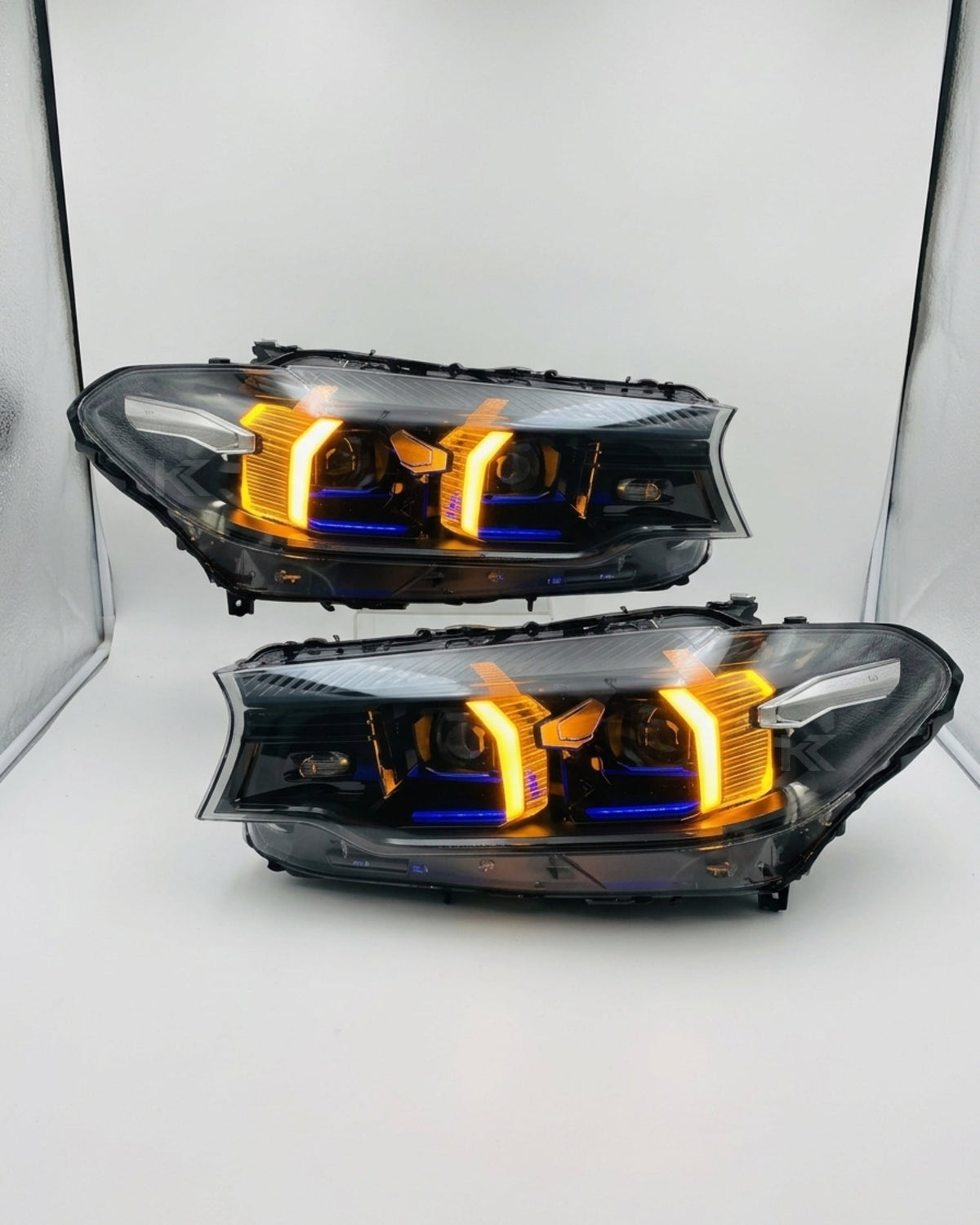 BMW 5 Series G30 G38 M5 F90 dual-color LED headlight assembly with daytime running lights by K2 Industries, front view.