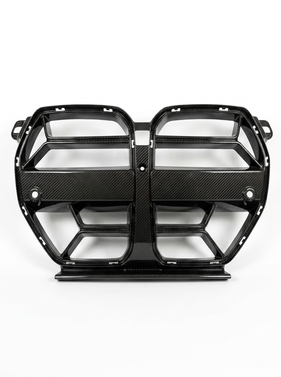 BMW 3 Series M3 G80 M4 G82 CSL style carbon fiber front grille by K2 Industries, showcasing the sleek, lightweight design.