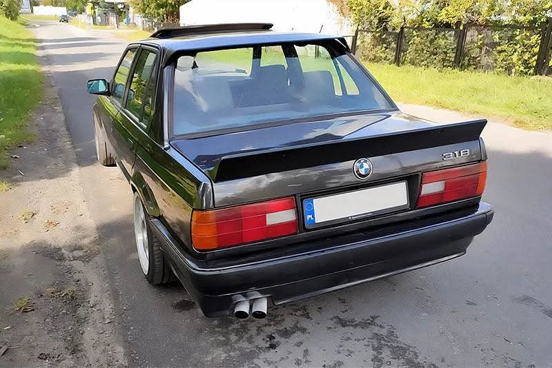 BMW E30 3 Series roof spoiler by K2 Industries, showing the aerodynamic spoiler mounted on the car's rear roof area.