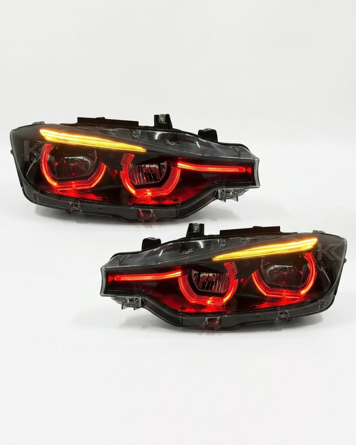 BMW 3 Series F30 F31 F35 V3 smoked triple-color LED headlight assembly with white, yellow, red DRL, for 2012-2018 models.