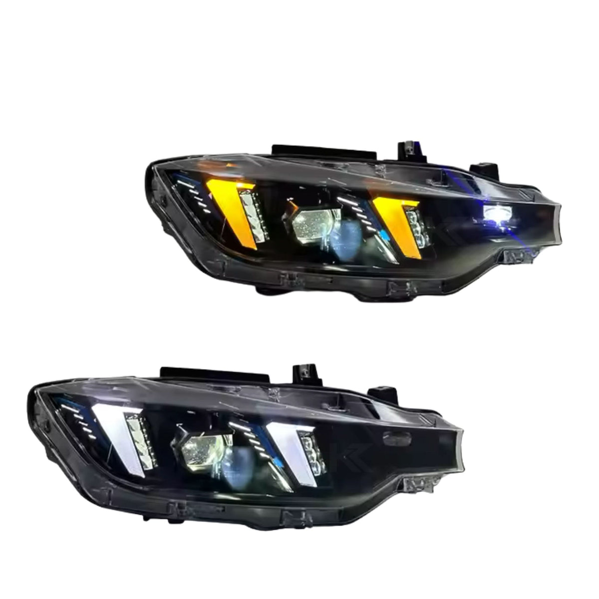 BMW 3 Series F30 Snake Eyes LED headlights by K2 Industries, showing the distinctive LED daytime running lights and headlamp design.