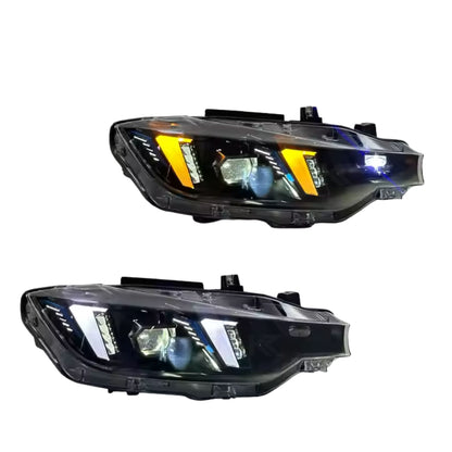 BMW 3 Series F30 Snake Eyes LED headlights by K2 Industries, showing the distinctive LED daytime running lights and headlamp design.