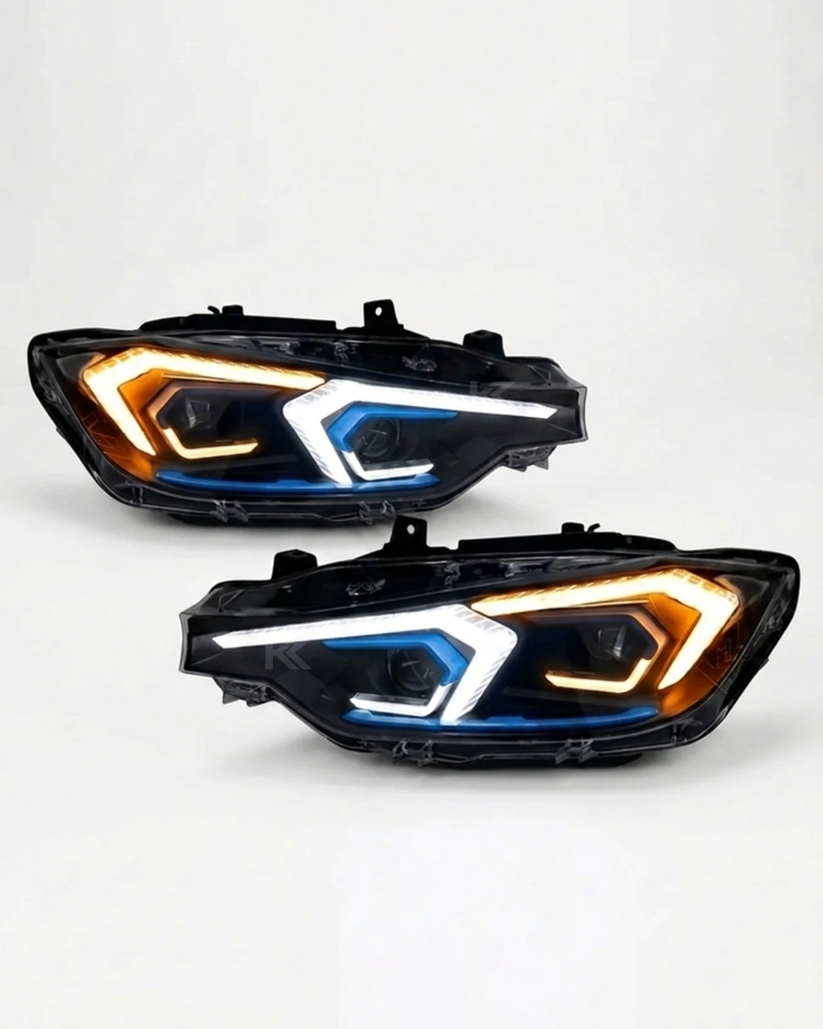 BMW 3-Series F30 F35 LED headlights by K2 Industries, Lazer V2 model, showing front view with clear lens and LED lighting elements.