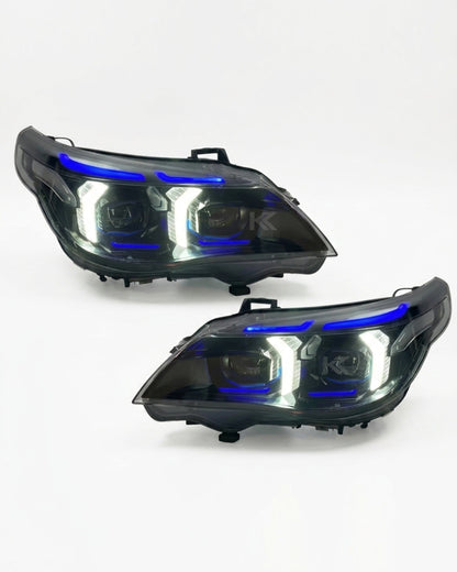 BMW 5 Series E60 headlight assembly with dual-color LED daytime running lights and snake eye design by K2 Industries.