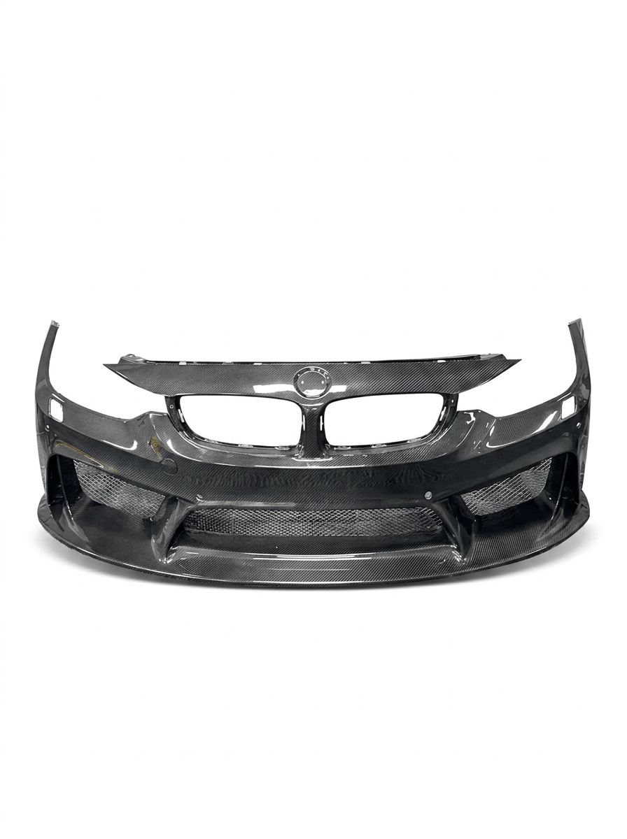 BMW 3 Series F80 F82 F83 carbon fiber front bumper by K2 Industries, showing the sleek, aerodynamic design with detailed carbon fiber finish.