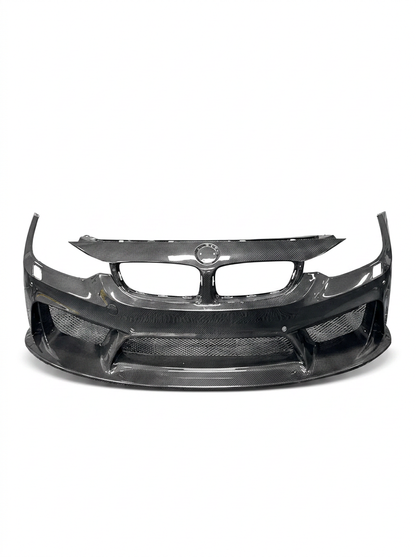 BMW 3 Series F80 F82 F83 carbon fiber front bumper by K2 Industries, showing the sleek, aerodynamic design with detailed carbon fiber finish.