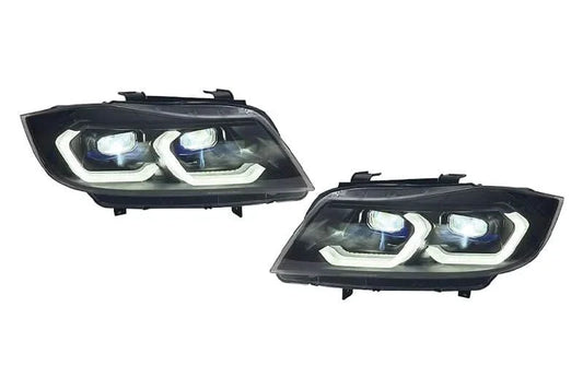 BMW 3 Series E90 LED headlights by K2 Industries, modern laser style headlight design for 2004-2013 models.