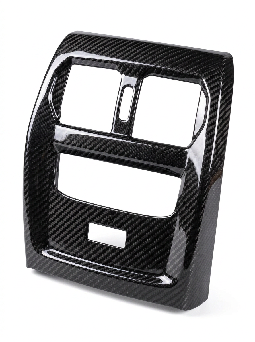 BMW 3 Series G80 G82 M3 M4 carbon fiber rear console trim by K2 Industries, showing sleek, textured interior accessory.