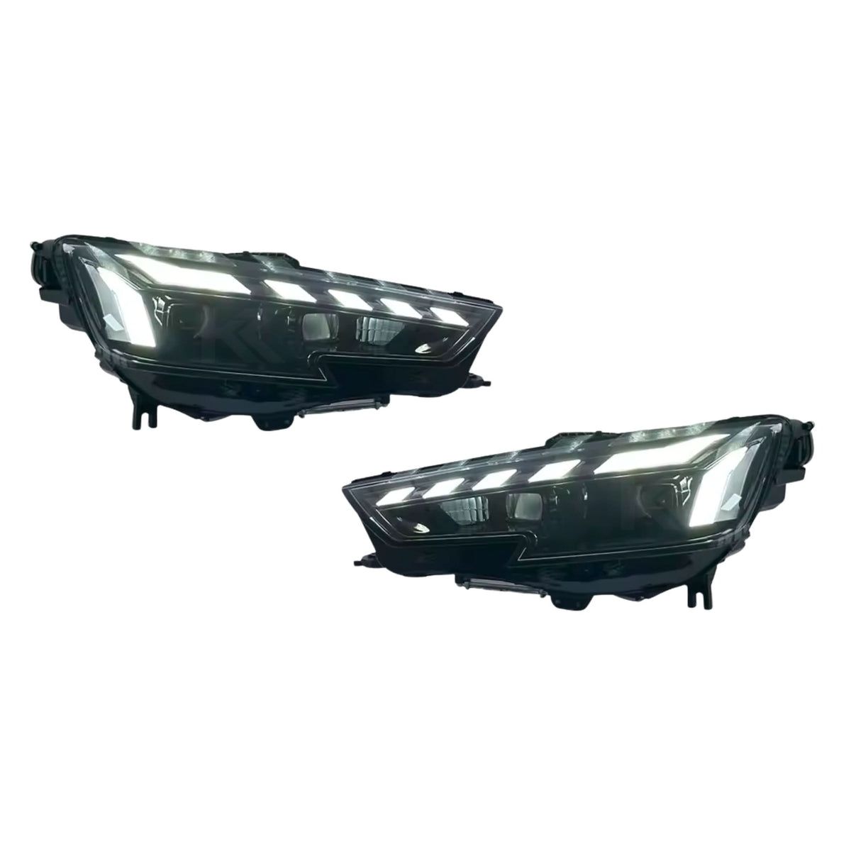 K2 Industries Audi A4 RS4 style LED headlights for 2013-2021, showcasing sleek design and bright LED light strips.