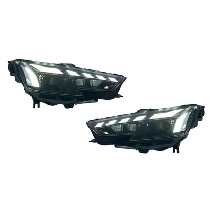 K2 Industries Audi A4 RS4 style LED headlights for 2013-2021, showcasing sleek design and bright LED light strips.