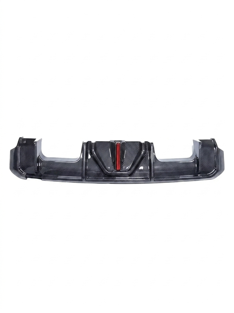 BMW 3 Series G80 M3, G82 M4 carbon fiber rear diffuser with LED lights by K2 Industries, showing detailed carbon fiber finish