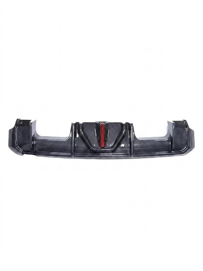 BMW 3 Series G80 M3, G82 M4 carbon fiber rear diffuser with LED lights by K2 Industries, showing detailed carbon fiber finish