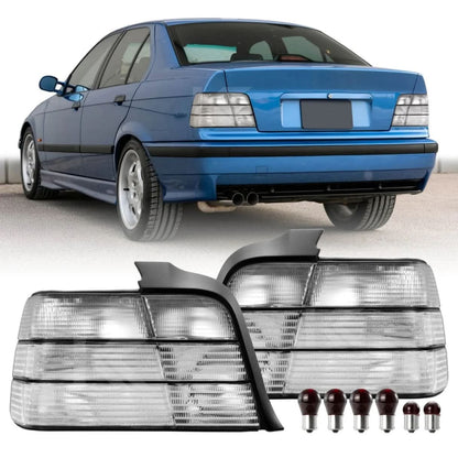 BMW 3 Series E36 tail lights with clear frosted lens, installed on a 1992-1998 vehicle, by K2 Industries