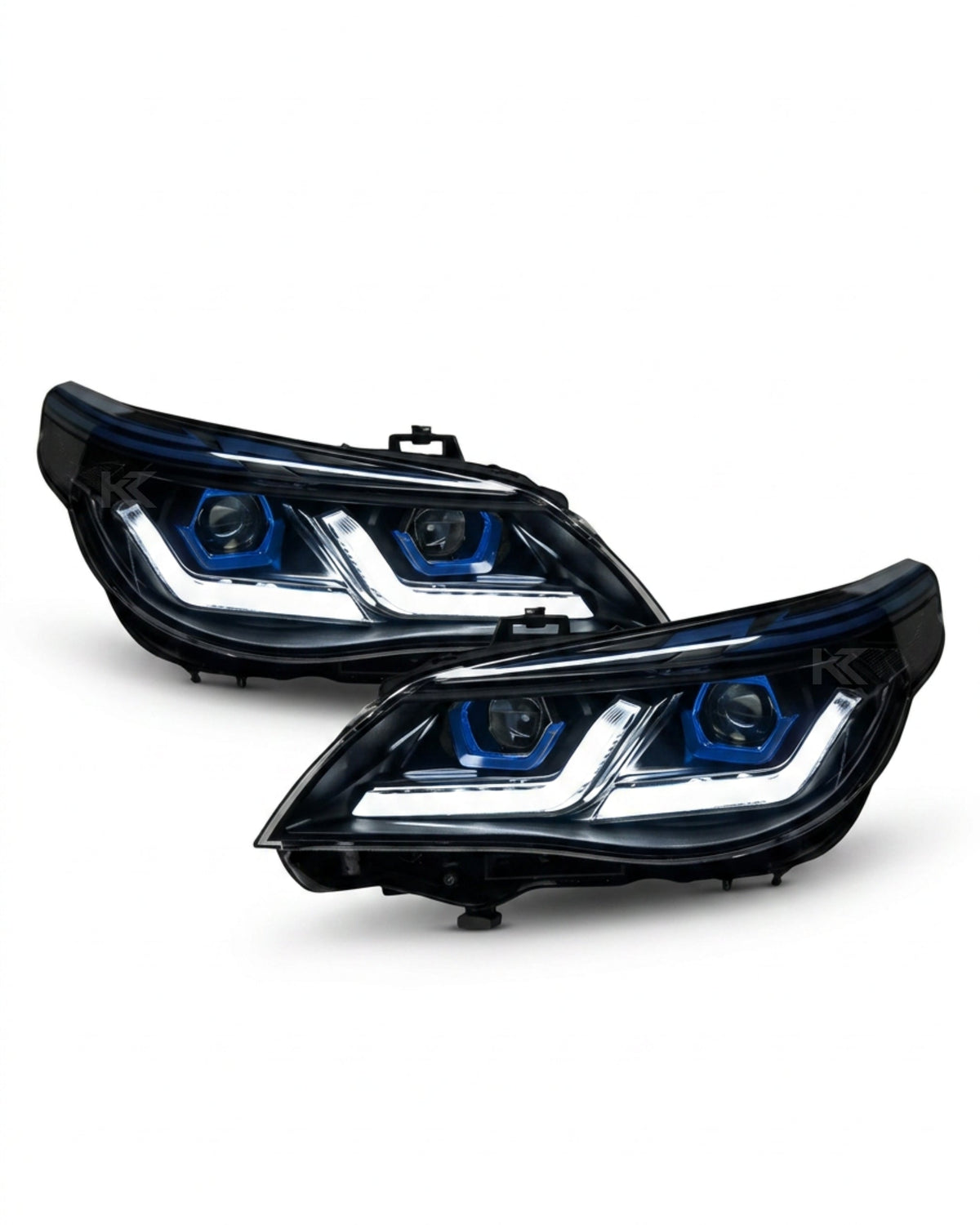 BMW 5-Series E60 E61 LED headlights by K2 Industries, modern style, featuring clear lenses and multiple LED light elements.