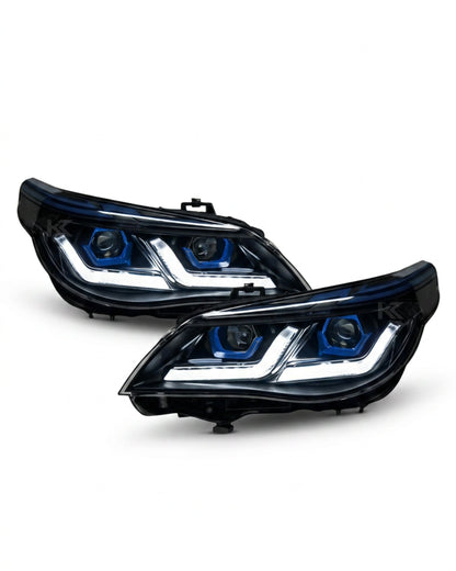 BMW 5-Series E60 E61 LED headlights by K2 Industries, modern style, featuring clear lenses and multiple LED light elements.