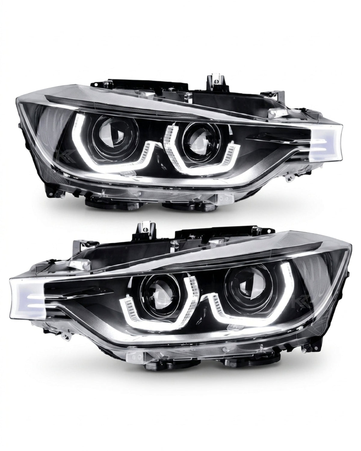 BMW 3-Series F30 F35 Modern Style LED Headlights by K2 Industries, showing sleek daytime running lights and clear lens design.