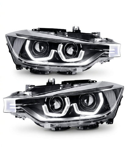 BMW 3-Series F30 F35 Modern Style LED Headlights by K2 Industries, showing sleek daytime running lights and clear lens design.