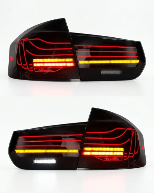 BMW 3-Series F30/F80 CSL laser-style tail lights by K2 Industries with RGB color-changing feature, 2013-2018.