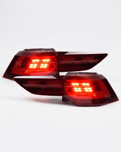 Volkswagen Golf 8 LED tail lights by K2 Industries, European style, for models 2020-2023, showing sleek red and clear lens design.