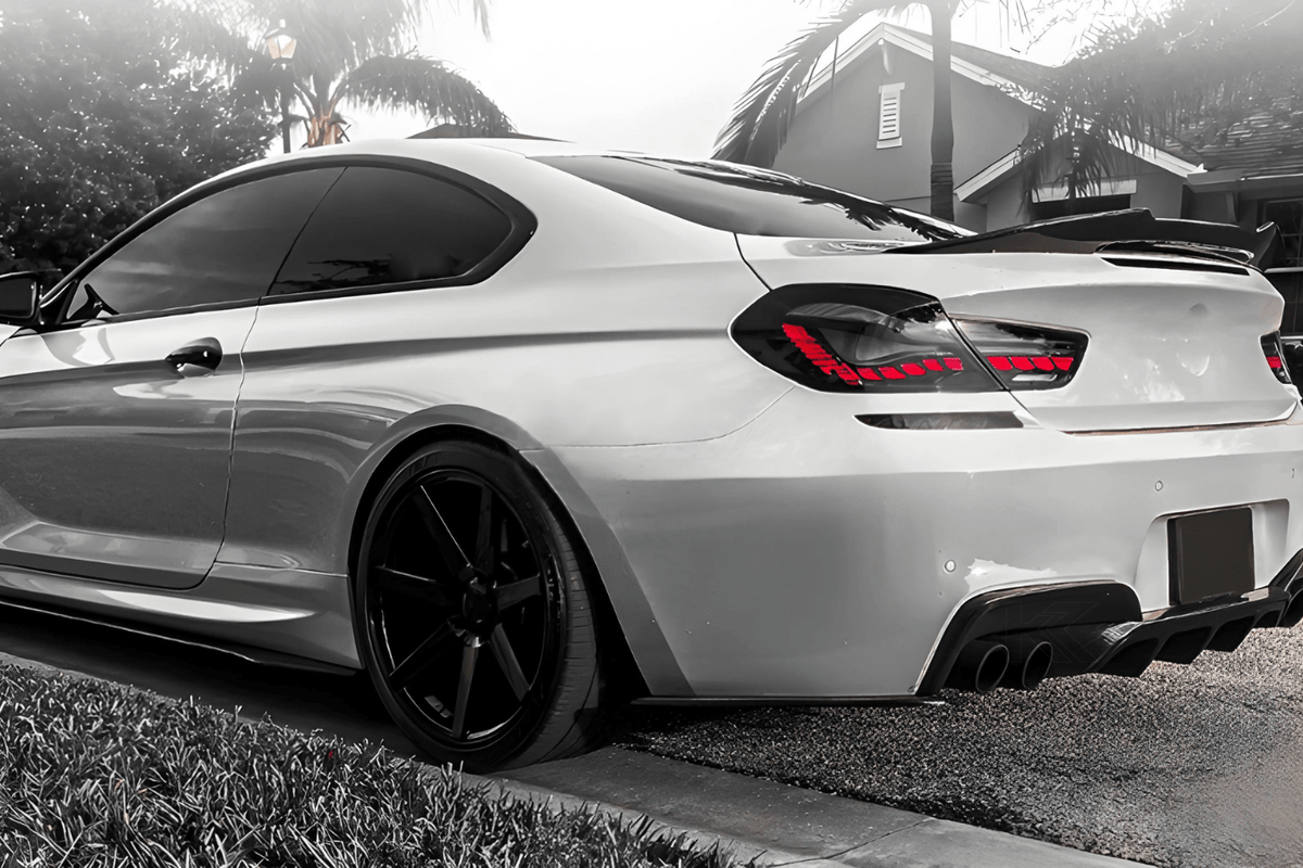 BMW 6 Series F12 F13 F06 smoke and red GTS OLED style tail lights by K2 Industries, with sleek design and LED accents.