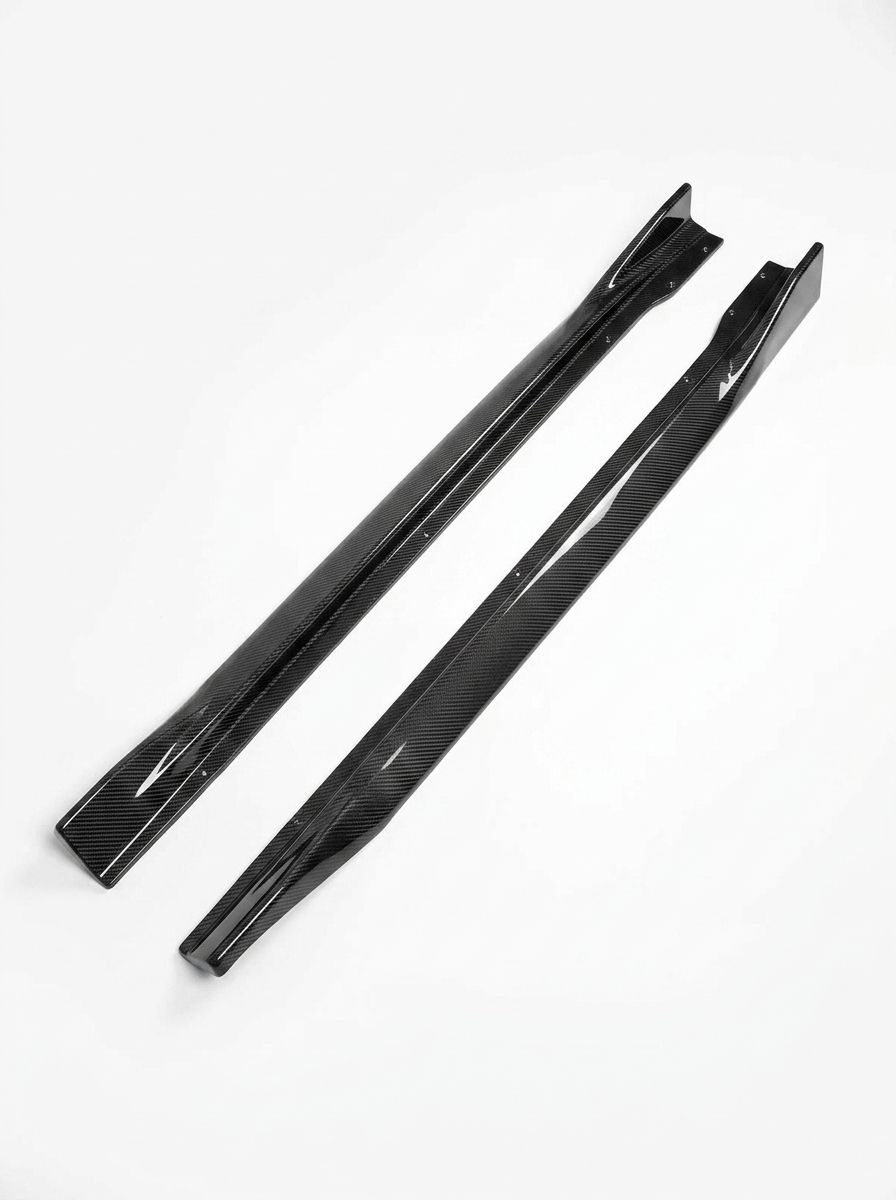 BMW 3/4 Series G80 G81 G82 G83 K2 Industries carbon fiber side skirts, sporty aerodynamic upgrade for 2019-2024 models.