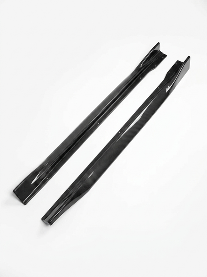 BMW 3/4 Series G80 G81 G82 G83 K2 Industries carbon fiber side skirts, sporty aerodynamic upgrade for 2019-2024 models.