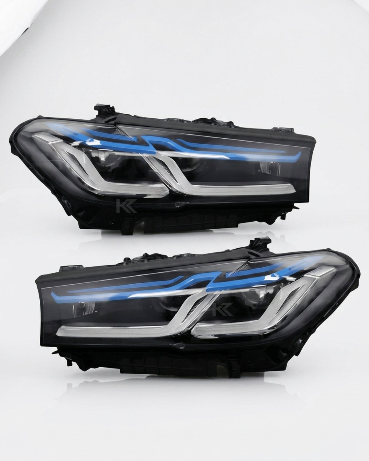 BMW 5-Series G38 G30 Laser LED headlights by K2 Industries, showing close-up of sleek headlight design and LED lighting elements.