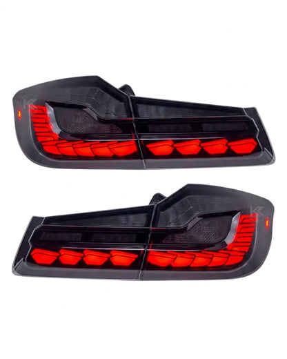 BMW 5-Series G30 G38 LED flow taillights by K2 Industries, showcasing sleek red and clear lens design for 2018-2020 models.