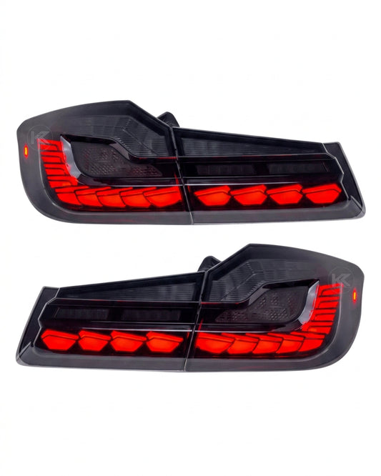 BMW 5-Series G30 G38 LED flow taillights by K2 Industries, showcasing sleek red and clear lens design for 2018-2020 models.