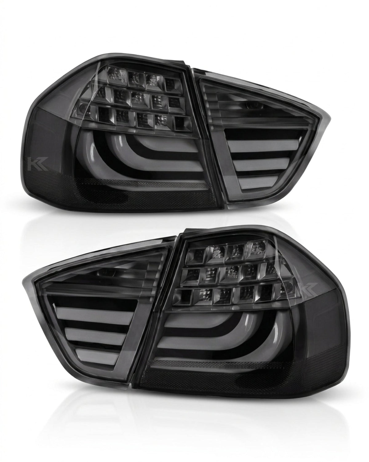 BMW 3-Series E90 tail light upgrade by K2 Industries, showing sleek red and clear lens tail lights installed on 2006-2009 model