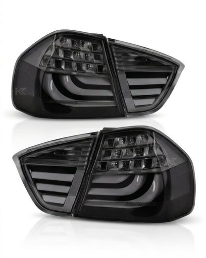 BMW 3-Series E90 tail light upgrade by K2 Industries, showing sleek red and clear lens tail lights installed on 2006-2009 model