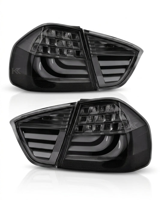 BMW 3-Series E90 tail light upgrade by K2 Industries, showing sleek red and clear lens tail lights installed on 2006-2009 model