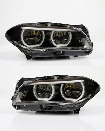 BMW 5 Series F10/F11/F18 factory style LED headlights by K2 Industries, front view showing sleek headlight design.